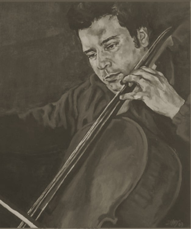 Painted portrait of Oliver R Walsh playing the cello